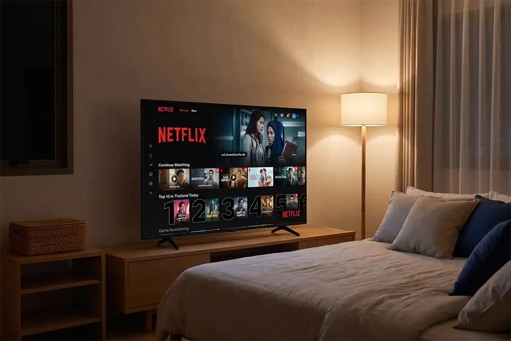 การจัดวาง ทีวีซัมซุง 55 นิ้ว ในห้องนอน เปิดดู Netflix ภาพสวยเต็มตา